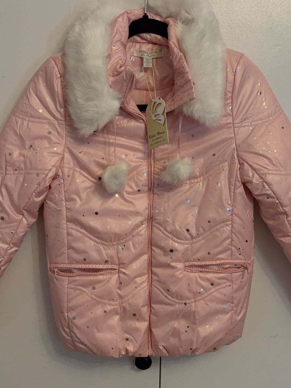 Girls Pink Faux-Fur Trim Sparkle Puffer Jacket